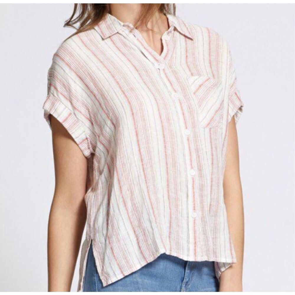 Sanctuary Mod Stripe Boyfriend Linen Blend Shirt sz small